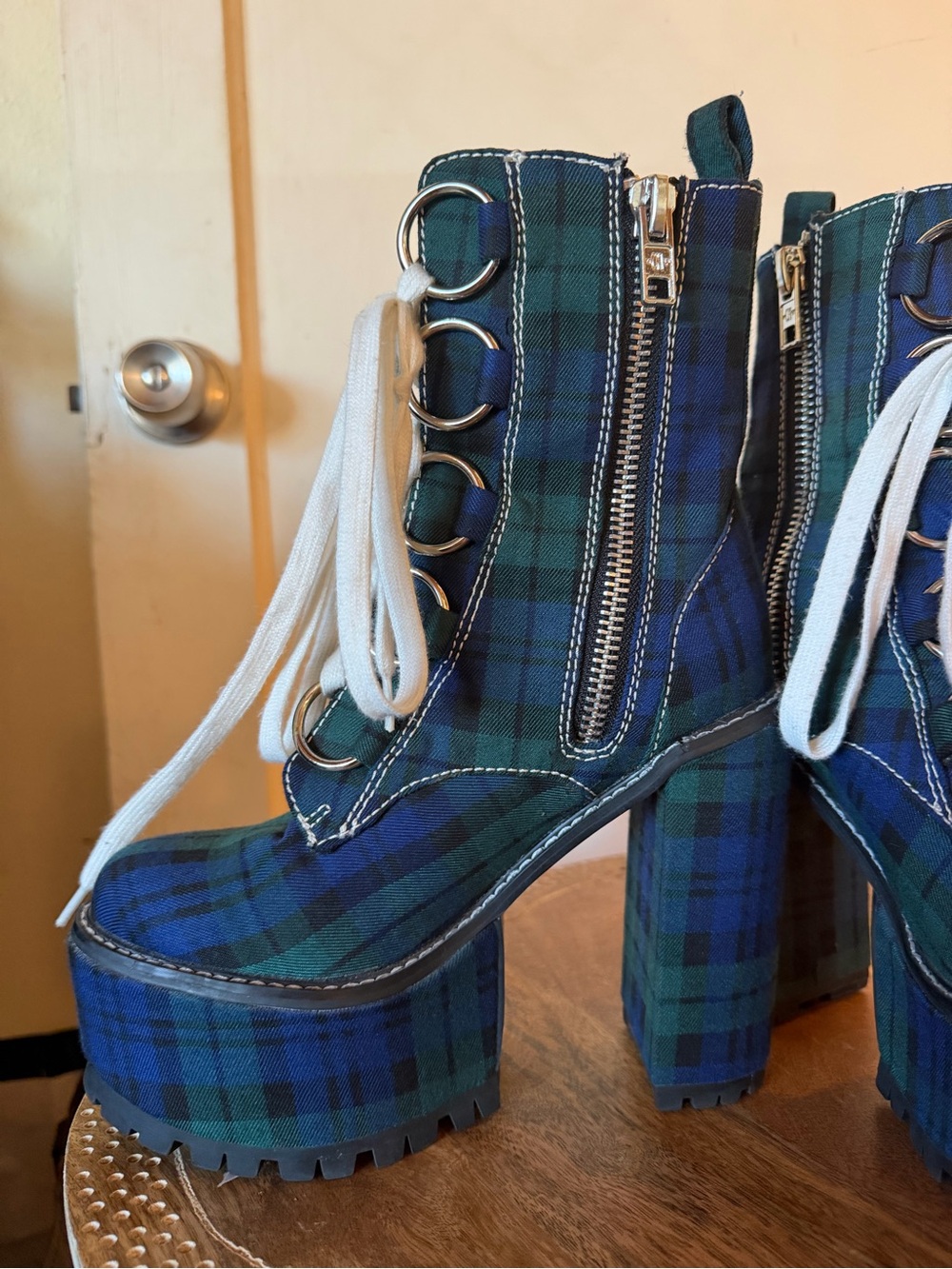 Dolls Kill Current Mood Sikk Nancy Tartan Plaid Platform Ankle O-Ring Boots - Picture 12 of 15